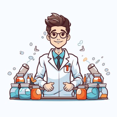 Bilim adamı çizgi film karakteri. Laboratuvarda bir bilim adamının vektör çizimi.