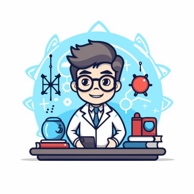 Kimyasal elementi olan bir bilim adamı. Çizgi film tarzında vektör illüstrasyonu.