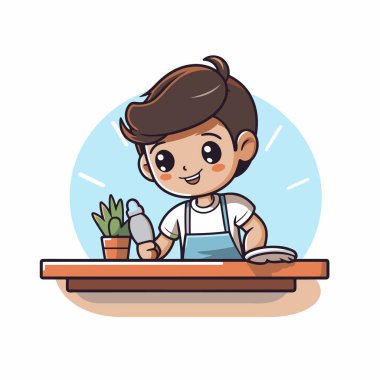 Kahve dükkanında çalışan şirin bir çocuk. Vektör illüstrasyonu.