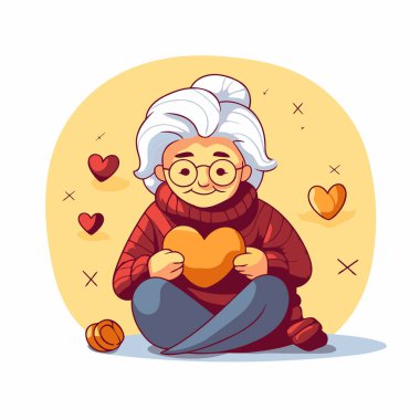 Ellerinde kalbi olan yaşlı bir kadın. Vektör illüstrasyonu.