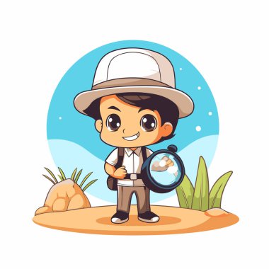 Büyüteçle sevimli bir erkek kaşif. Vektör illüstrasyonu.