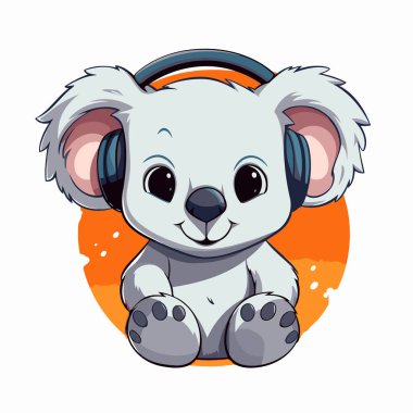 Kulaklıklı sevimli çizgi film koalası. Beyaz arkaplanda vektör illüstrasyonu.