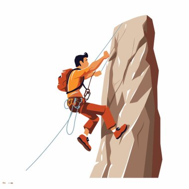 Genç adam kaya duvarına tırmanıyor. Olağanüstü bir spor. Vektör illüstrasyonu.