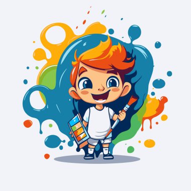 Boya fırçası ve paleti olan tatlı bir çocuk. Vektör çizgi film illüstrasyonu.