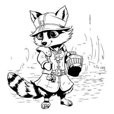 Akordeonlu şapkalı bir rakun. Vektör illüstrasyonu.