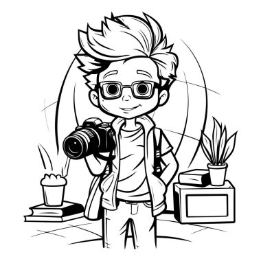 Hippi Çocuk Fotoğrafçısı - Siyah ve Beyaz Çizgi Film İllüstrasyonu. Vektör