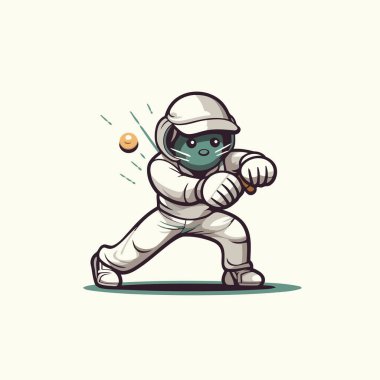 Astronot kriket oynuyor. Bir çizgi film karakterinin vektör illüstrasyonu.