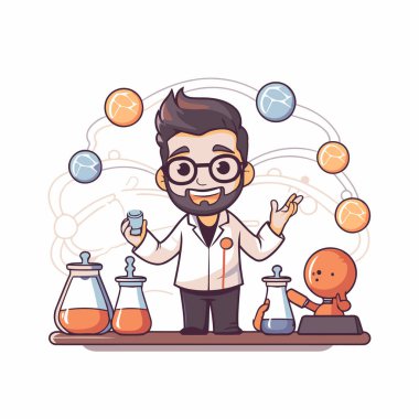 Kimya laboratuvarında çalışan bir bilim adamı. Çizgi film tarzında vektör illüstrasyonu.