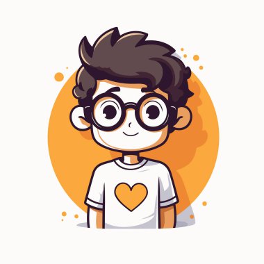 Gözlüklü ve tişörtlü tatlı çocuk. Vektör illüstrasyonu.