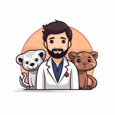 Köpek ve ayıdan sorumlu veteriner. Çizgi film tarzında vektör illüstrasyonu