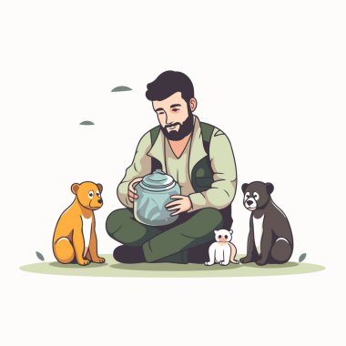 Elinde yemek ve köpek kavanozu olan evsiz bir adamın vektör çizimi