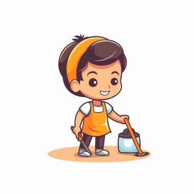 Süpürge ve sprey boyayla temizlik yapan şirin bir çocuk. çizgi film vektör illüstrasyonu.