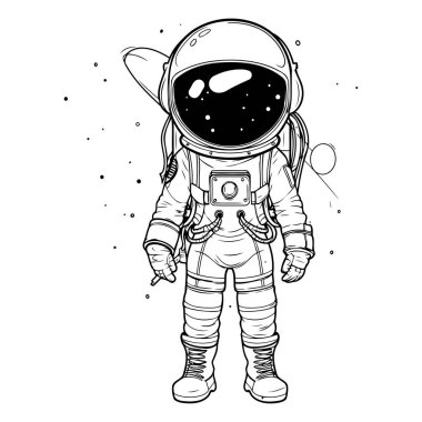 Uzay giysili astronot. El çizimi vektör çizimi beyaz arkaplanda izole edildi.