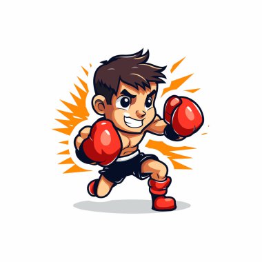 Boks eldivenli çizgi film boksörü çocuk. Vektör illüstrasyonu beyaz arkaplanda izole edildi.