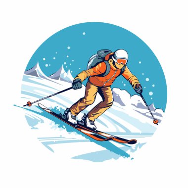 Dağlarda kayak yapmak. Yokuş aşağı kayan bir kayakçının vektör çizimi.