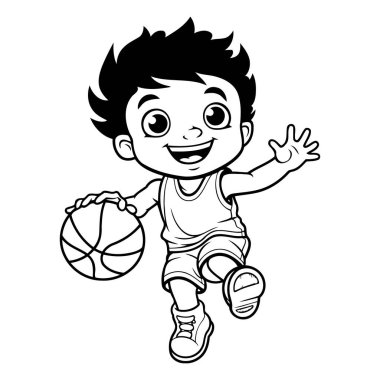 Beyazların arka planında izole edilmiş basketbol oynayan küçük bir çocuk. Vektör illüstrasyonu.