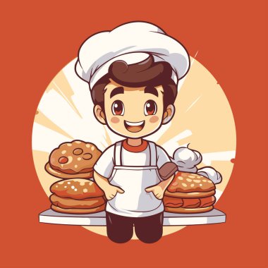 Şef şapkası takmış, elinde bir yığın krep tutan bir çocuğun vektör çizimi.