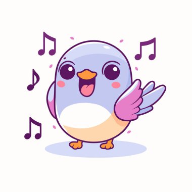 Müzik notaları olan sevimli bir kawaii kuşu. Vektör illüstrasyonu.