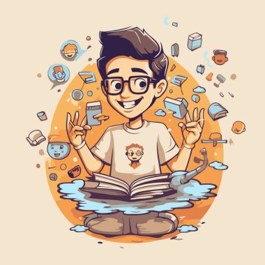 Kitap okuyan gözlüklü bir çocuğun vektör çizimi. Çizgi film biçimi.