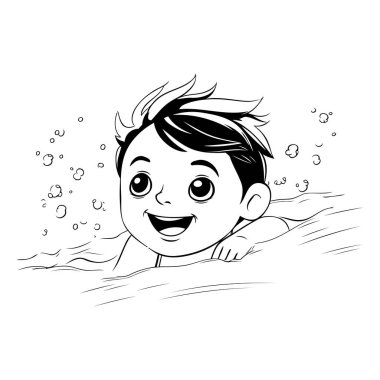 Havuzda yüzen bir çocuk. siyah ve beyaz vektör çizgi film çizimi.