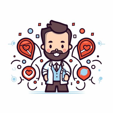 Sosyal medya ikonları olan bir iş adamı. Satır sanat tarzında vektör illüstrasyonu.