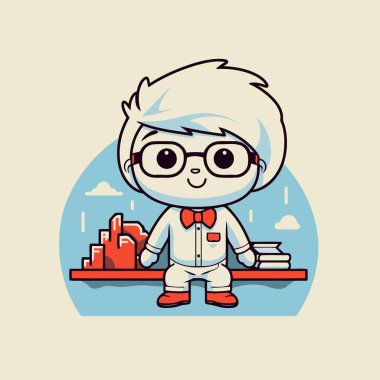 Kitaplı sevimli gözlüklü çocuk. Okul ve eğitim kavramı. Vektör illüstrasyonu.