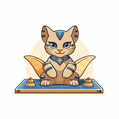 Satranç tahtasında oturan sevimli çizgi film kedisi. Vektör illüstrasyonu.