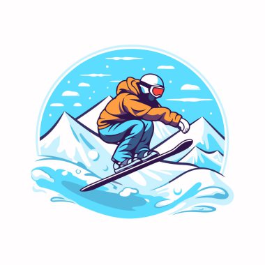 Karlı dağlarda atlayan snowboardcu. Kış sporu temsilciliği.