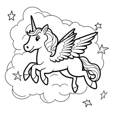 Bulutlarda uçan tek boynuzlu at. Siyah ve beyaz vektör çizimi.