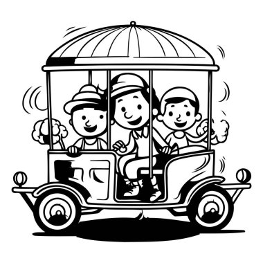Tuk-tuk kullanan çocuklar. siyah ve beyaz vektör çizimi