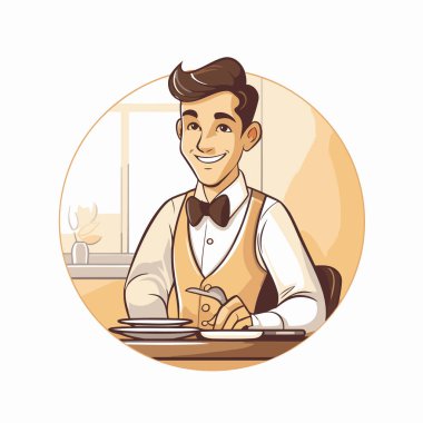 Kafedeki bir garsonun portresi. Çizgi film tarzında vektör illüstrasyonu.