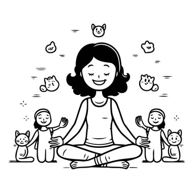 Kadın kedi ve köpekle meditasyon yapıyor. siyah ve beyaz vektör çizimi