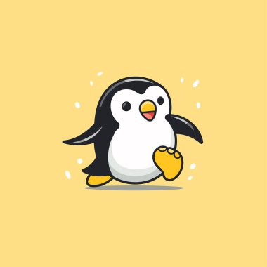 Elmalı şirin bir penguen çizgi filmi. Sarı arkaplanda vektör illüstrasyonu.