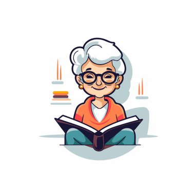 Büyükannem kitap okuyor. Beyaz arkaplanda izole vektör illüstrasyonu.
