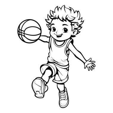 Basketbol oynayan bir çocuk. Boyama kitabı için siyah ve beyaz vektör çizimi.