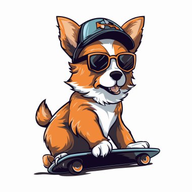 Kaykaylı Corgi köpeği çizgi filmi. Vektör illüstrasyonu.