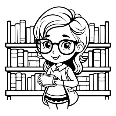 Kütüphanede Kız Öğrenci Çalışması - Siyah ve Beyaz Çizgi Film İllüstrasyonu. Vektör