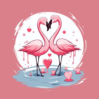 İki flamingo pembe arka planda birbirine aşık. Vektör illüstrasyonu.