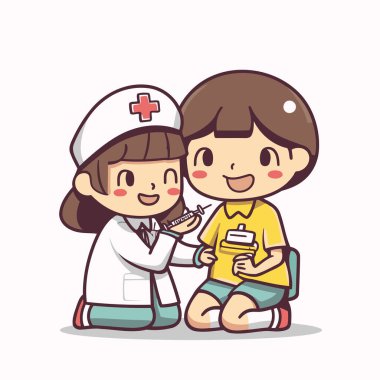 İlk yardım kitli hemşire ve çocuk. Vektör çizimi..