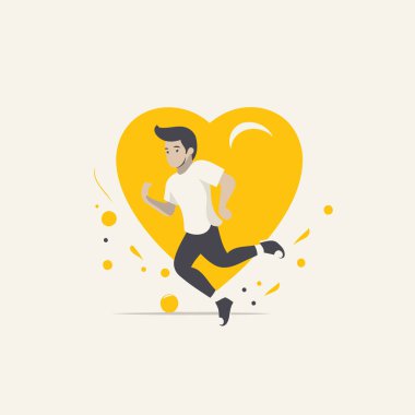 Kalp şeklinde koşan bir adam. Düz dizayn. Vektör illüstrasyonu.