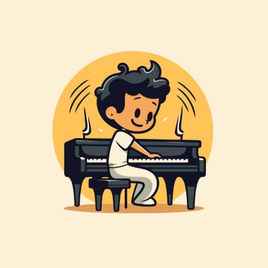 Piyanist çocuk piyano çalıyor. Çizgi film tarzında vektör illüstrasyonu.