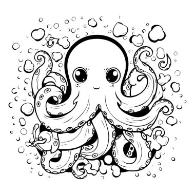 Ahtapot. Boyama kitabı veya sayfa için siyah ve beyaz vektör illüstrasyonuName.
