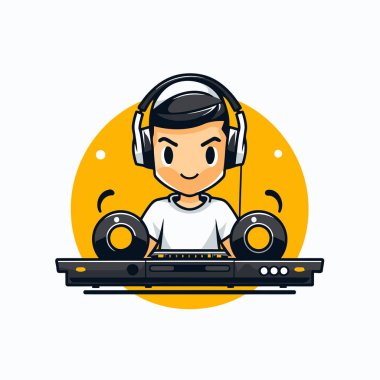Konsolda müzik çalan sevimli çocuk DJ. Vektör illüstrasyonu.