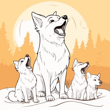 Ormanda dikilen bir grup köpeğin tasviri. Vektör illüstrasyonu