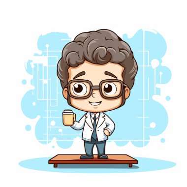 Elinde bir fincan kahve tutan bilim adamı - Vektör Çizimi