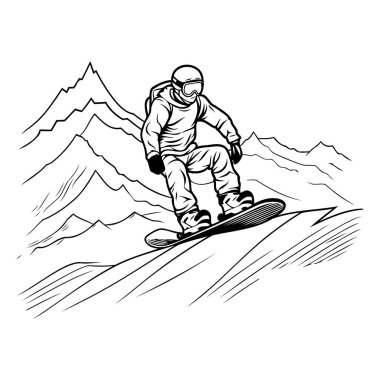 Snowboardcu iş başında. Ekstrem. Siyah ve beyaz vektör çizimi.