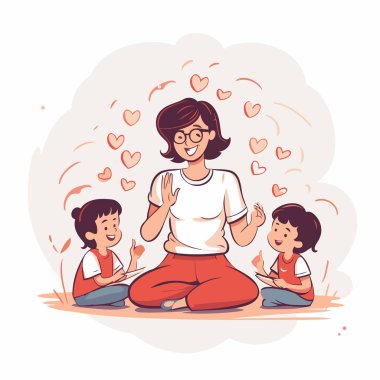 Anne ve çocuklar Lotus pozisyonunda meditasyon yapıyorlar. Çizgi film vektör illüstrasyonu.