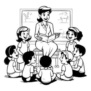 Öğretmen ve çocuklar sınıfta. siyah ve beyaz vektör illüstrasyon grafik tasarımı