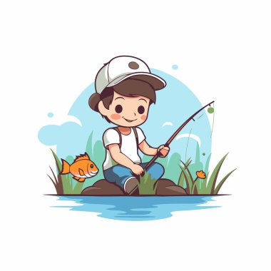 Gölde balık tutan tatlı çocuk. Beyaz arkaplanda vektör illüstrasyonu.
