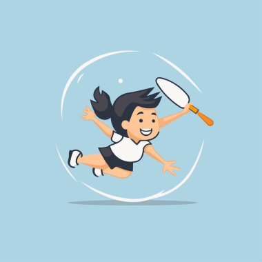 Badminton oynayan neşeli kız. Çizgi film vektör illüstrasyonu.